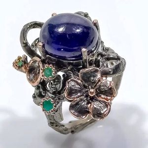 LARGE UNCUT, NATURAL BLUE SAPPHIRE➕GREEN ONYX RING